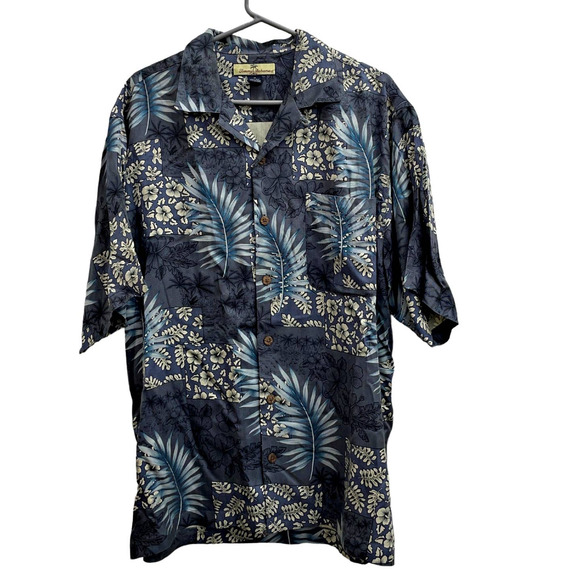 Tommy Bahama 100% Silk Hawaiian Button Down SS Shirt Palm Floral Blues MEDIUM - Picture 1 of 3